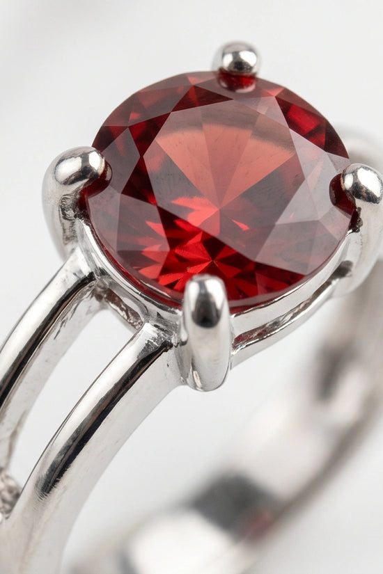 Sterling Silver Round-Cut Split Shank Garnet Red Solitaire Ring