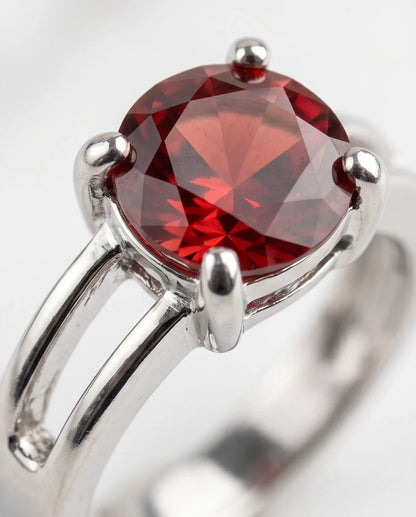 Sterling Silver Round-Cut Split Shank Garnet Red Solitaire Ring
