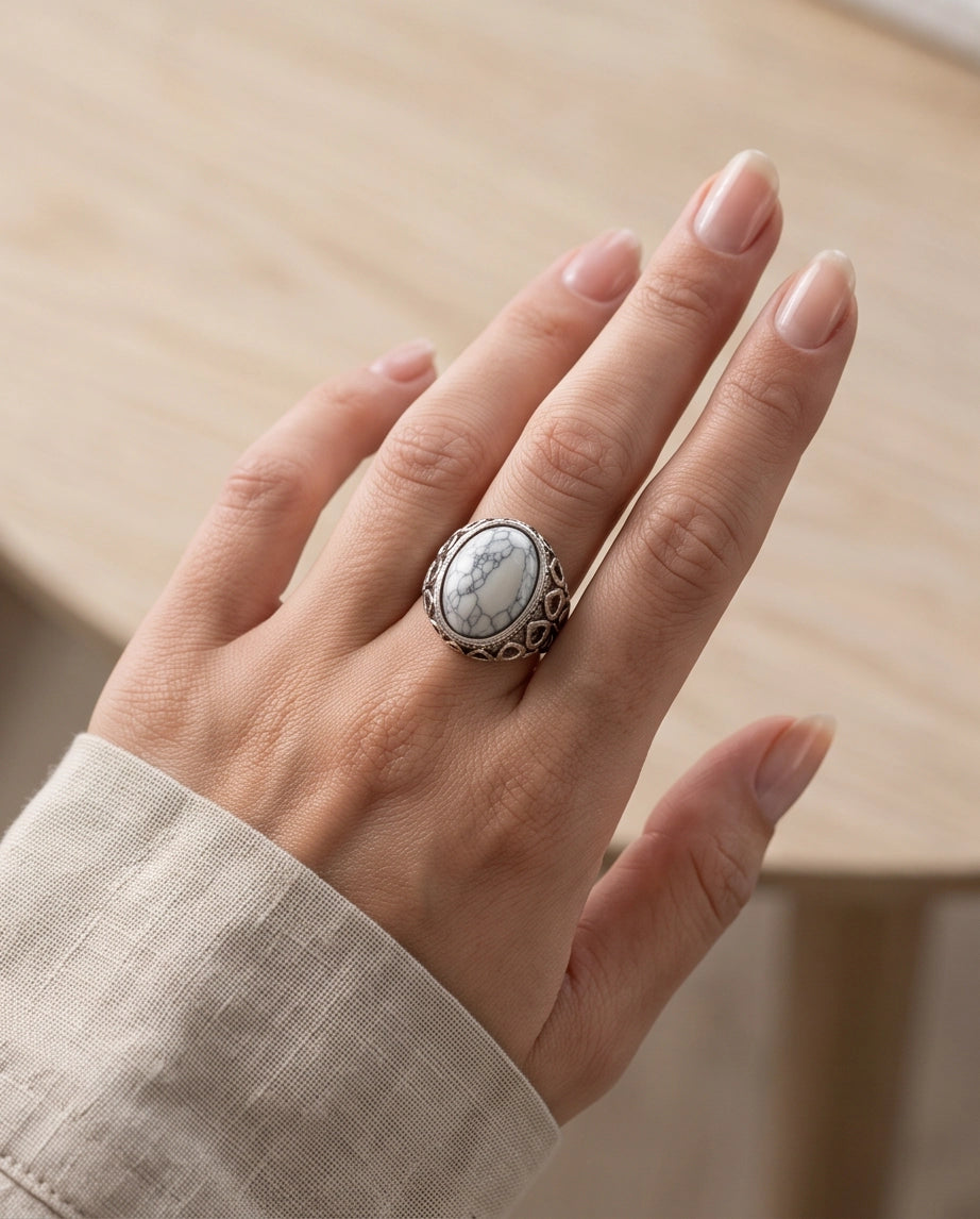 Howlite Cabochon Filigree Silver Ring