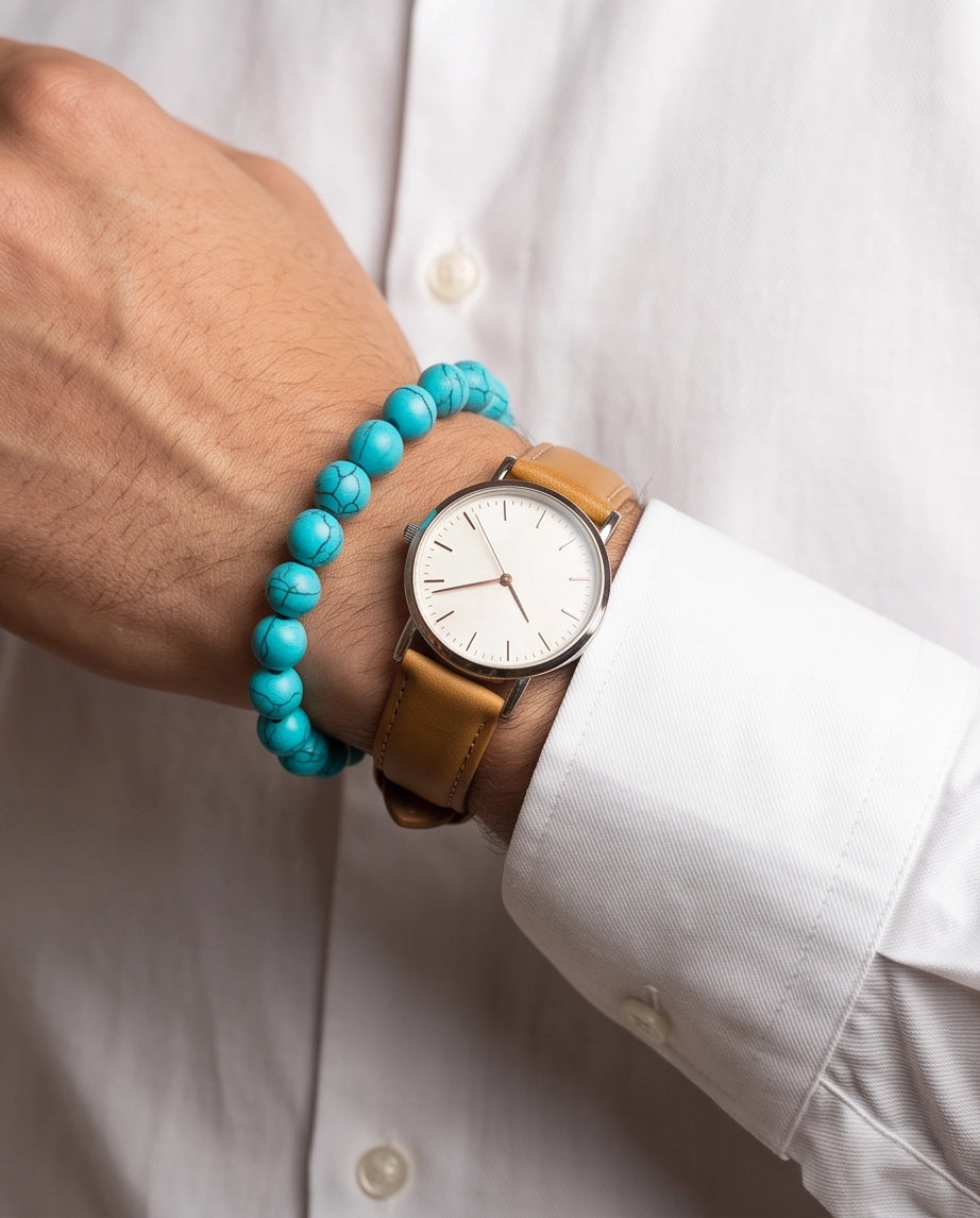 Natural Turquoise Veined Stone Beaded Adjustable Macrame Bracelet