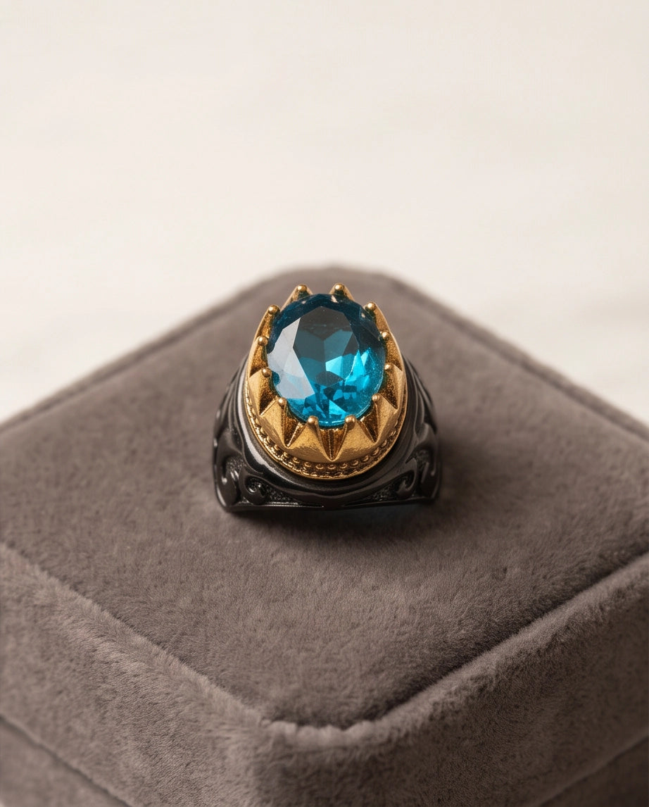 Celestial Aquamarine Sunburst Signet Ring