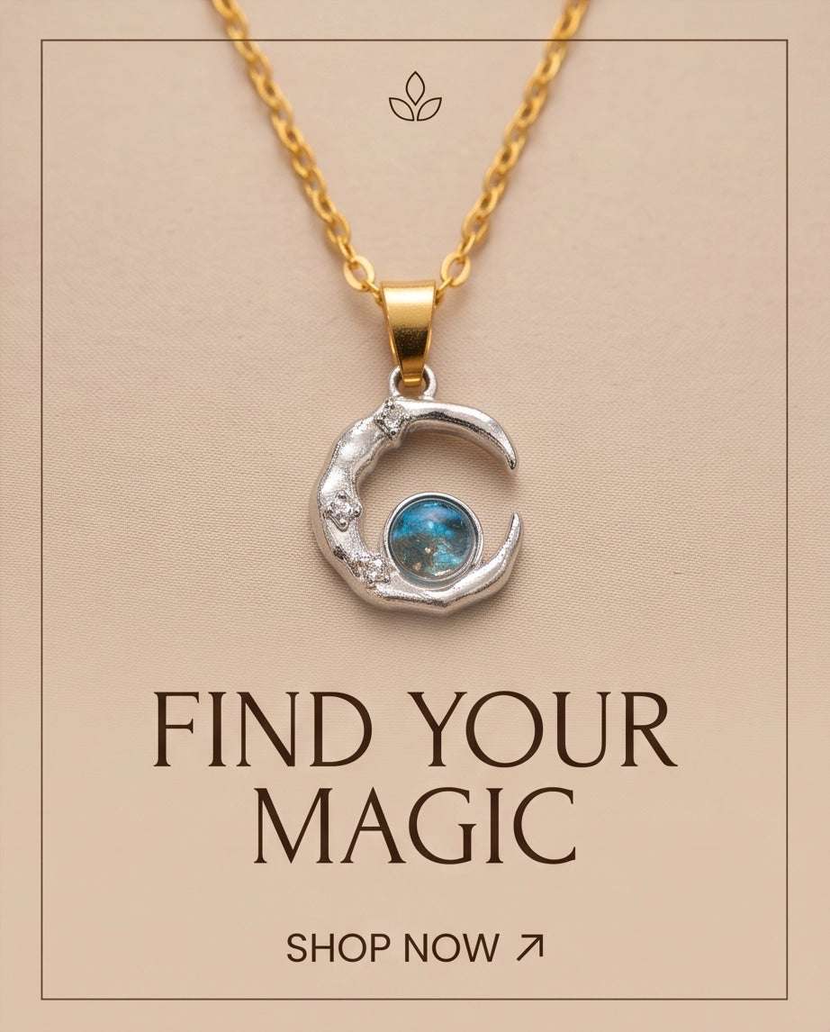 Silver Hammered Crescent Moon Blue Opal Orb Pendant Necklace