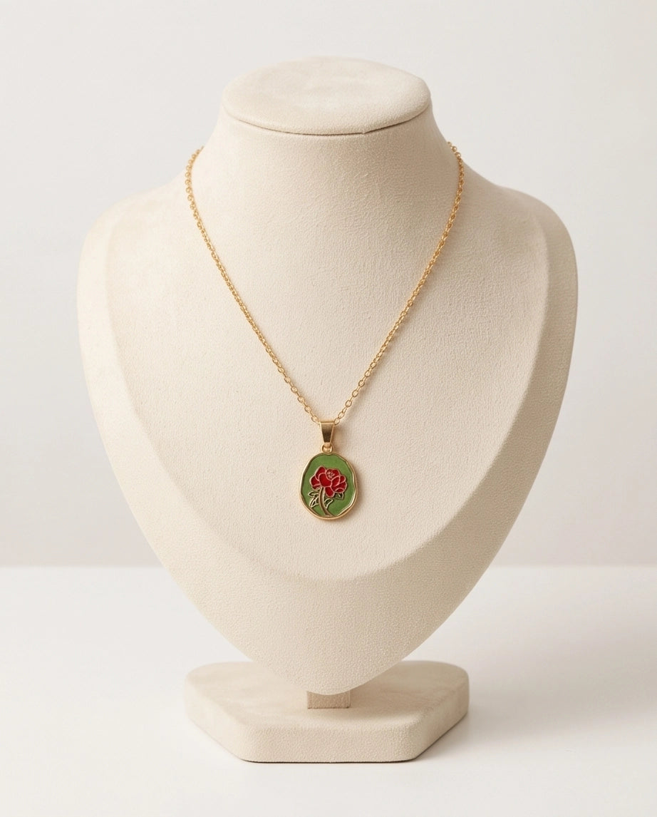 Gold Red Rose Enamel Medallion Chain Necklace