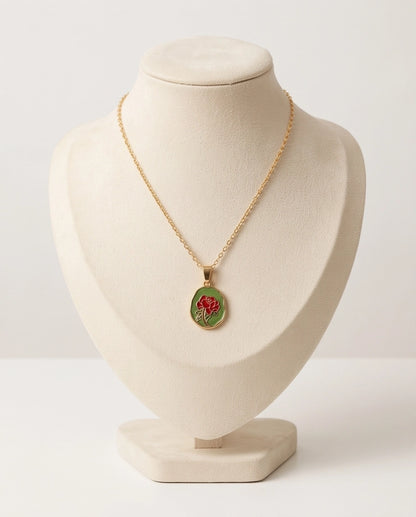 Gold Red Rose Enamel Medallion Chain Necklace