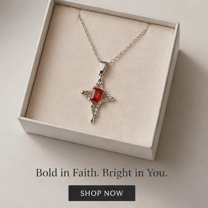 Silver Red Gemstone Gothic Cross Pendant Necklace