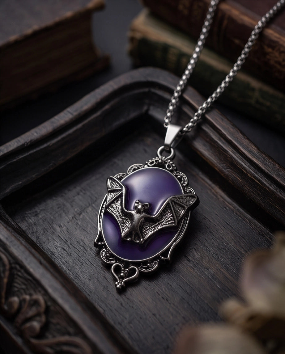 Antique Silver Gothic Bat Purple Enamel Medallion Chain Necklace