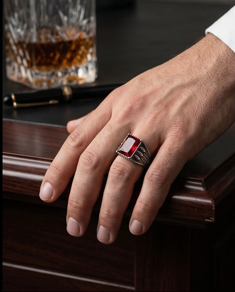 Oxidized Silver Emerald-Cut Garnet Textured Signet Ring