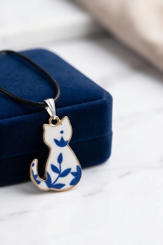 Artistic Blue Porcelain Feline Silhouette Pendant Necklace