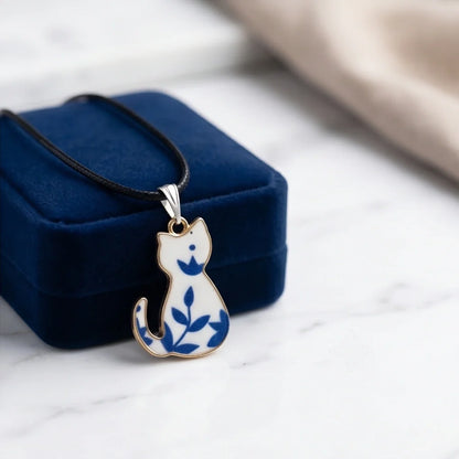 Artistic Blue Porcelain Feline Silhouette Pendant Necklace