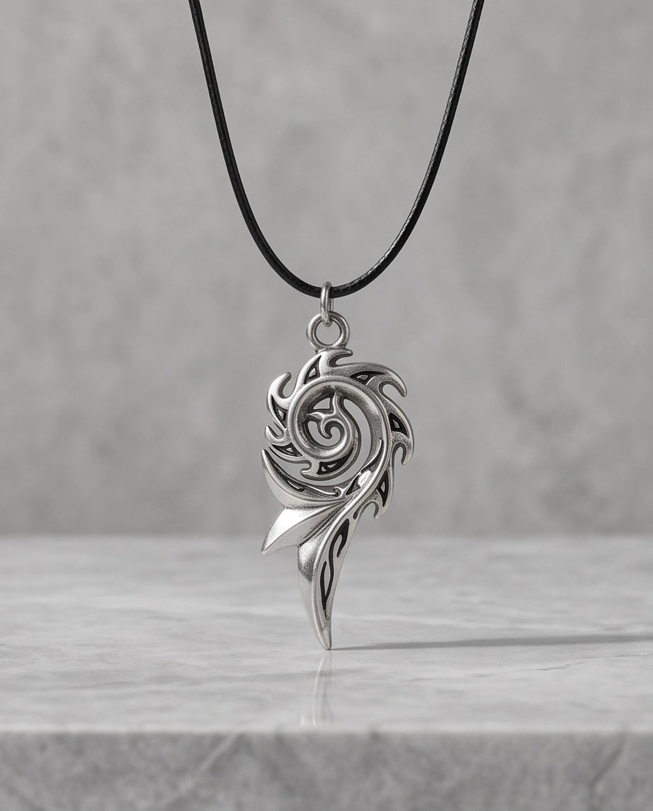 Silver Tribal Swirl Flame Cord Necklace
