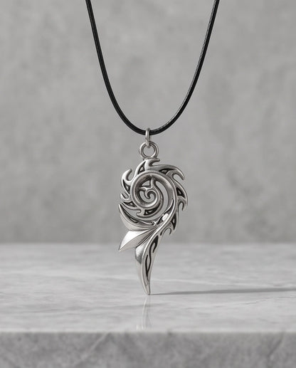 Silver Tribal Swirl Flame Cord Necklace