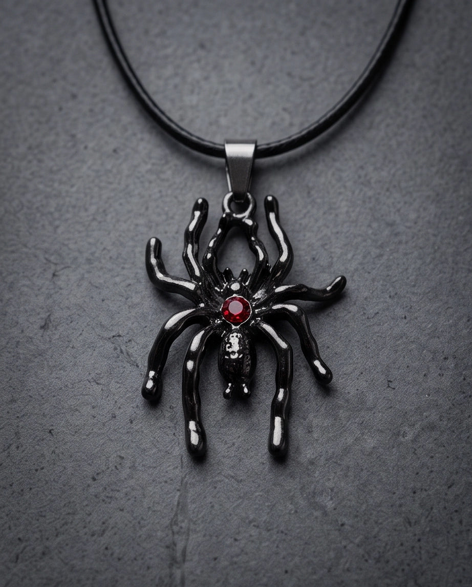 Black Spider Red Round Crystal Gem Pendant Necklace