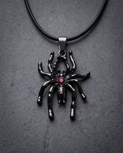 Black Spider Red Round Crystal Gem Pendant Necklace