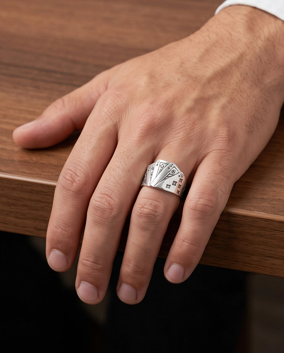 Royal Flush Playing Cards Band Silver Ring