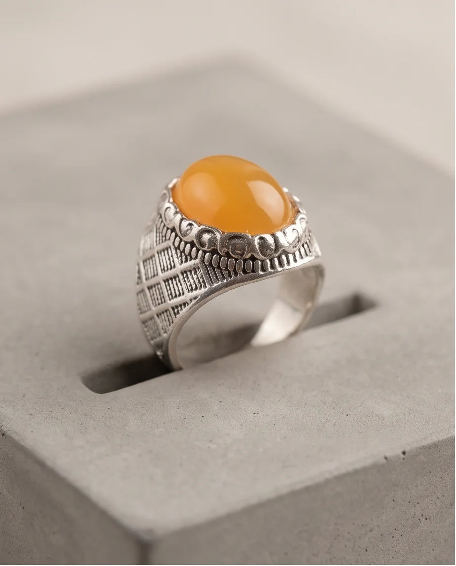 Amber Cabochon Crown Bezel Crosshatch Silver Ring