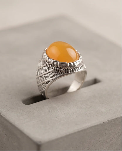 Amber Cabochon Crown Bezel Crosshatch Silver Ring