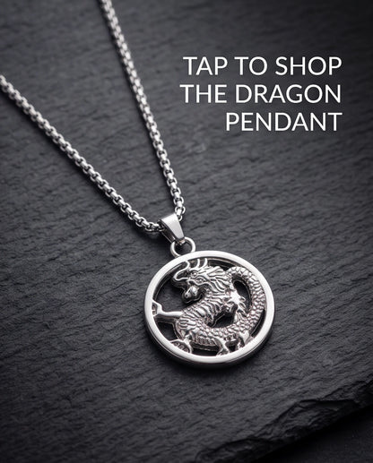 Silver Circular Dragon Medallion Pendant Necklace