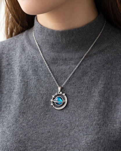 Silver Cosmic Galaxy Planet Crescent Pendant Necklace