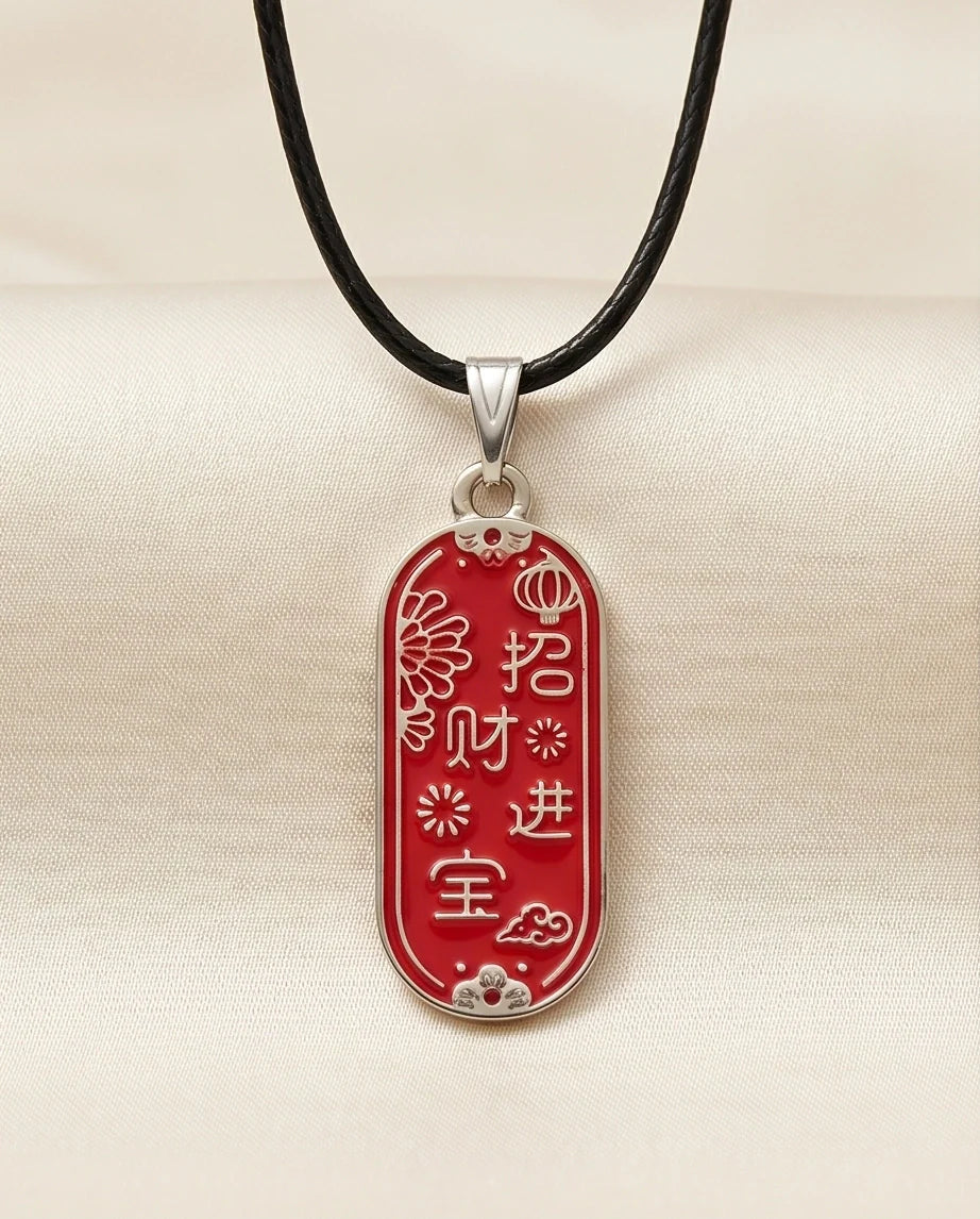 Traditional Red Oval "Zhao Cai Jin Bao" Talisman Pendant Necklace