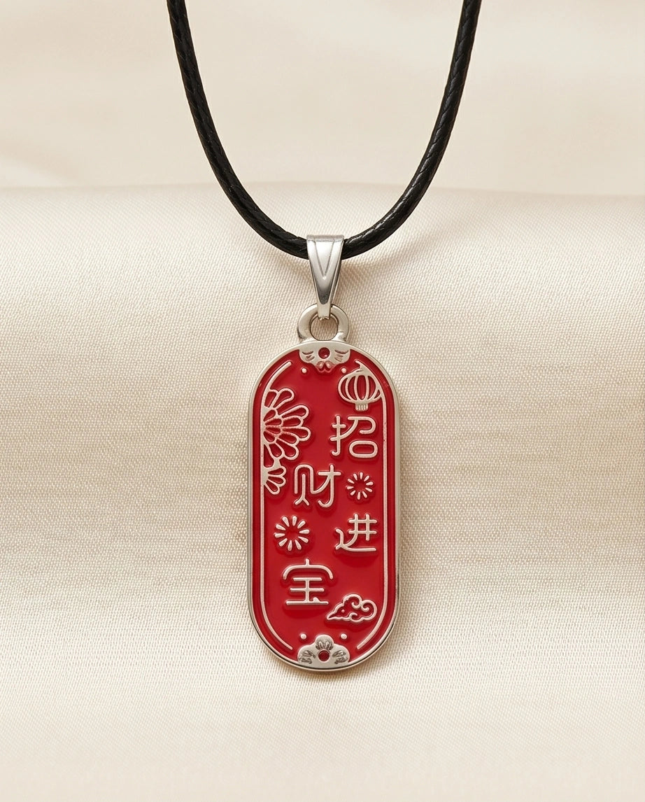 Traditional Red Oval "Zhao Cai Jin Bao" Talisman Pendant Necklace