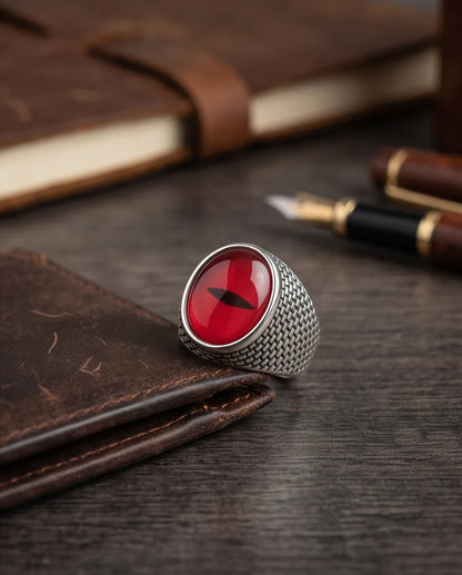 Crimson Brickwork Slit-Pupil Silver Ring