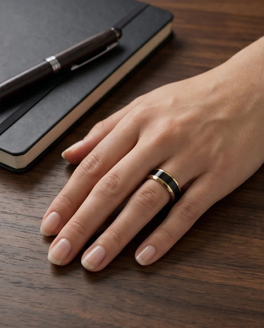 Classic Gold Black Enamel Band Ring