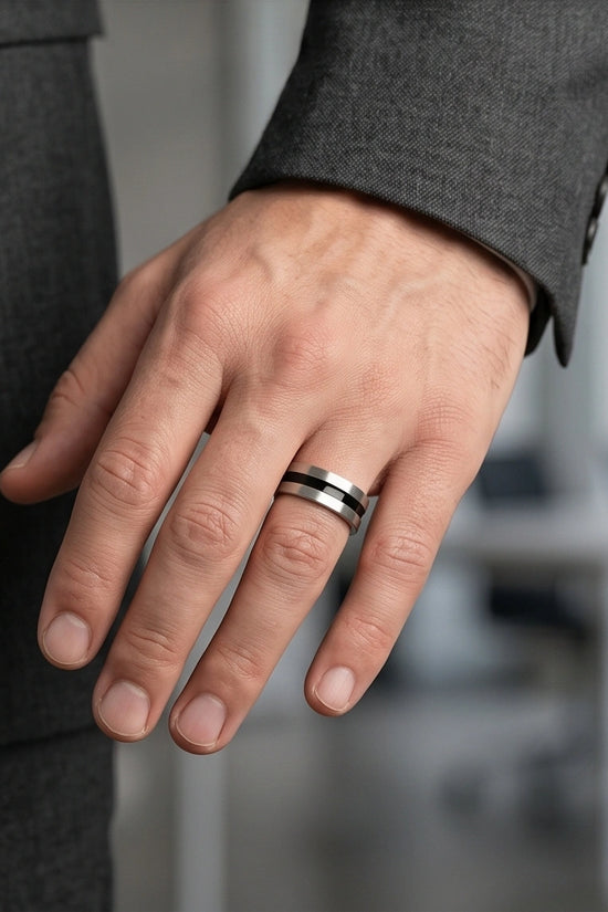 Minimalist Dual-Tone Silver and Black Band Ring