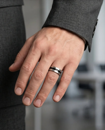 Minimalist Dual-Tone Silver and Black Band Ring