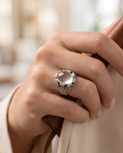 Lunar Cabochon Textured Signet Ring