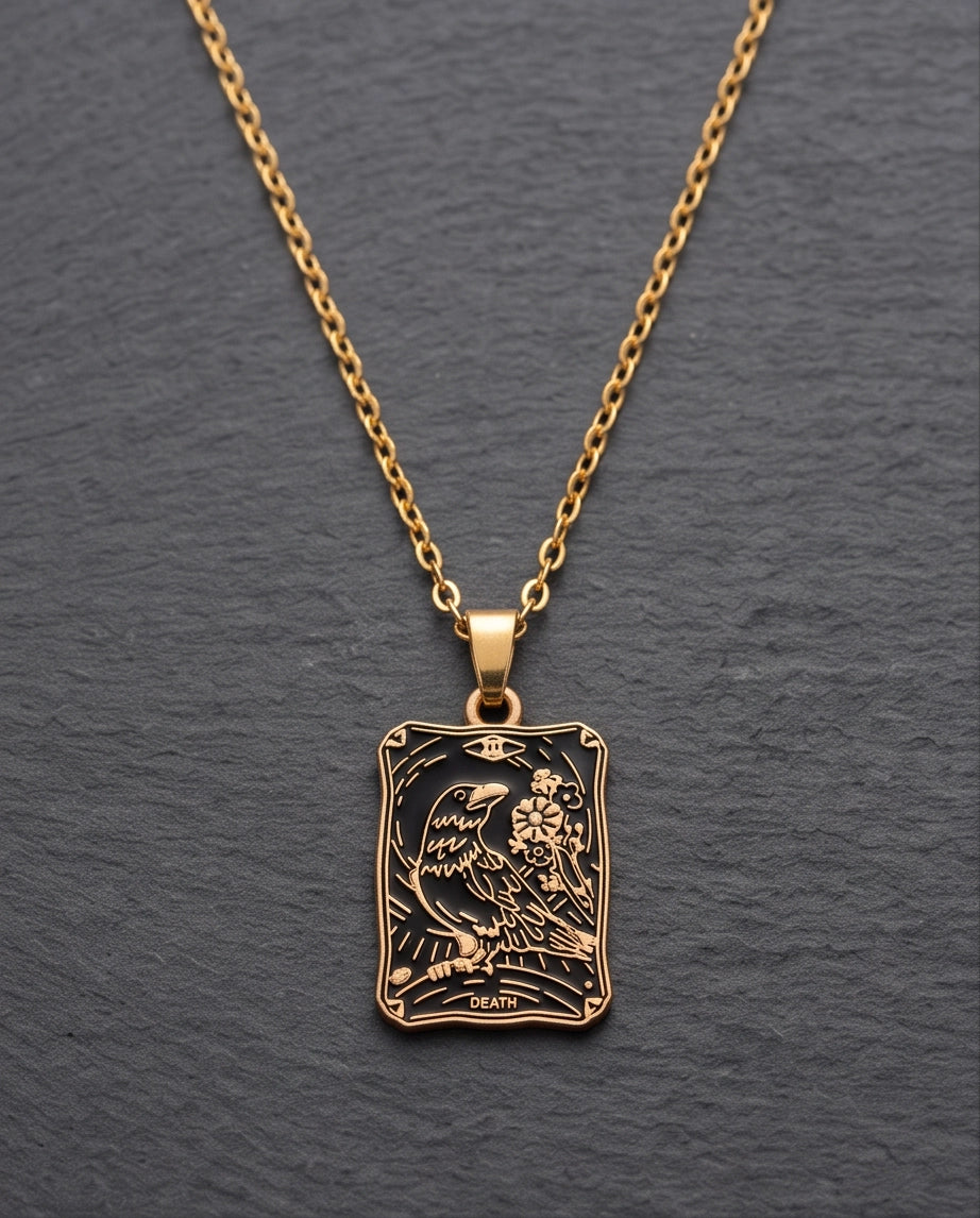 Gold "Death" Raven Tarot Card Pendant Necklace