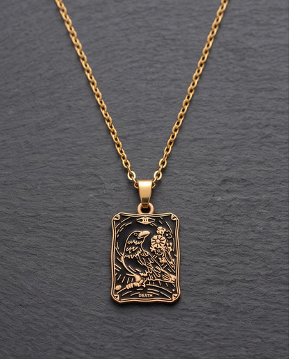Gold "Death" Raven Tarot Card Pendant Necklace