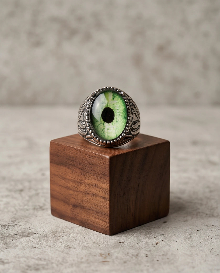 Emerald Dragon-Eye Cabochon Ornate Scrollwork Silver Ring