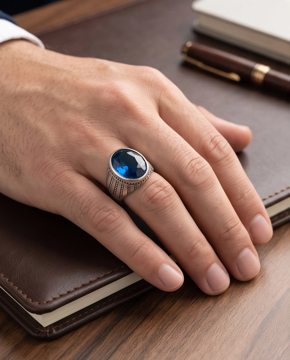 Sapphire Gemstone Beaded Surround Vertical Ribbed Silver Ring