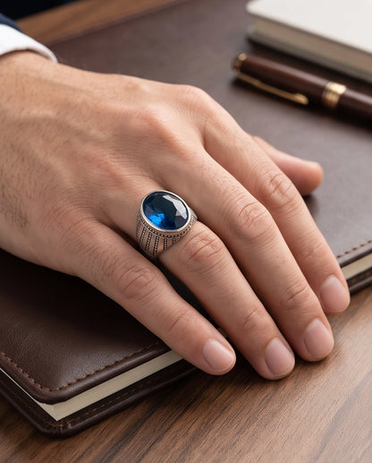 Sapphire Gemstone Beaded Surround Vertical Ribbed Silver Ring