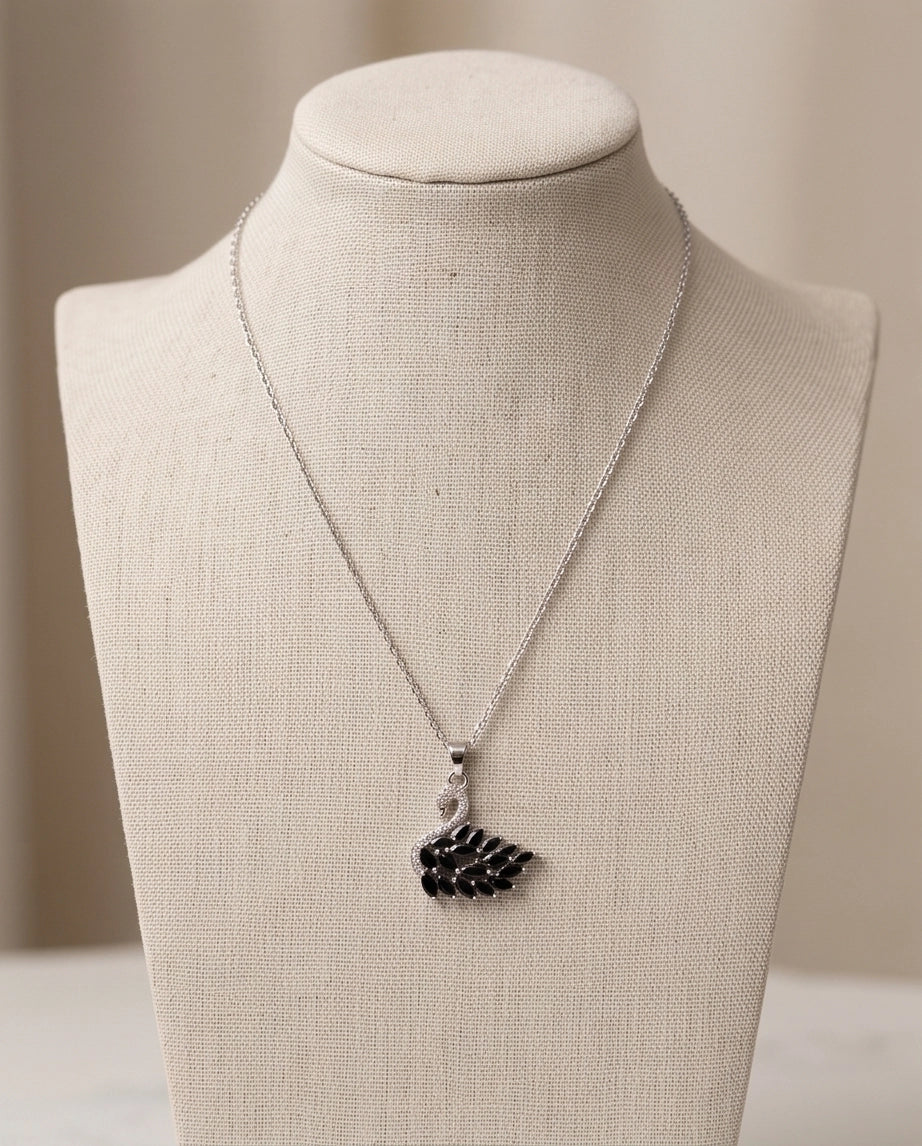 Silver Black Crystal Swan Necklace