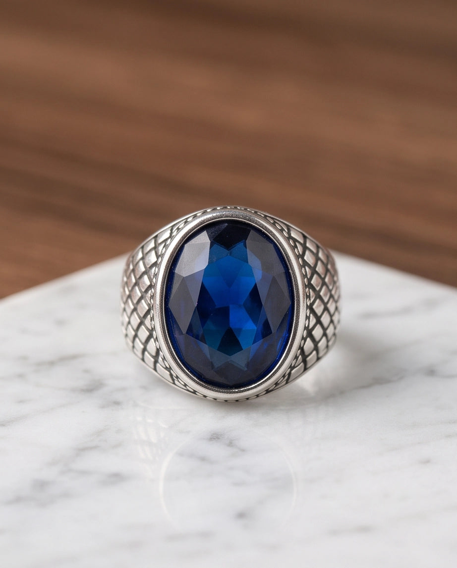 Sapphire Gemstone Beaded Frame Crosshatch Mesh Silver Ring