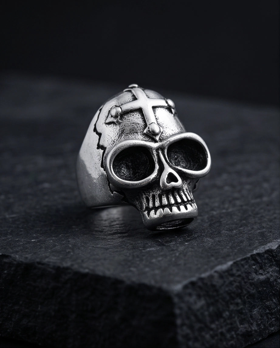 Gothic Cross-Embossed Anatomical Skull Silver Ring