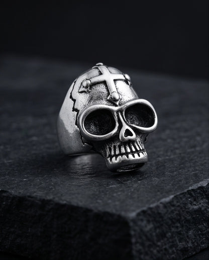 Gothic Cross-Embossed Anatomical Skull Silver Ring