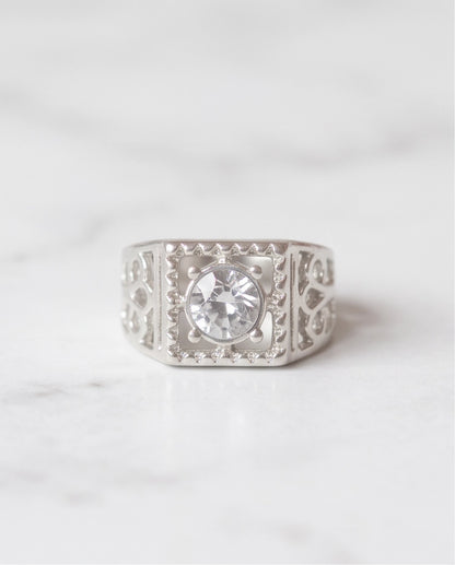 Clear Gemstone Square Sawtooth Bezel Filigree Cutout Silver Ring