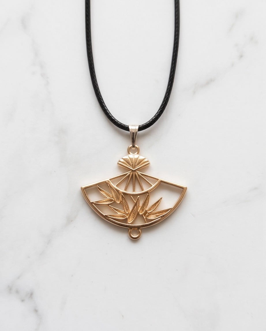 All-Gold Bamboo Fan Pendant Necklace