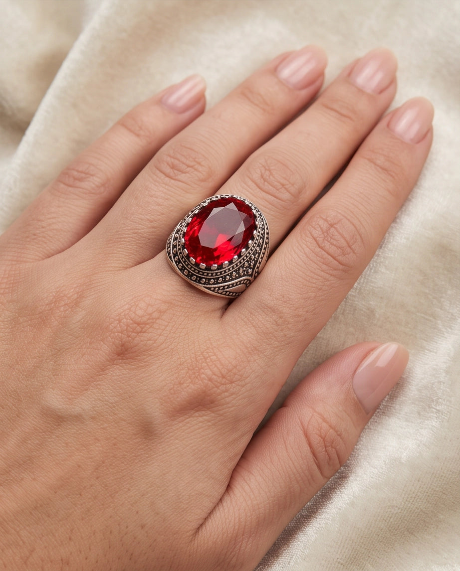 Ruby Gemstone Crown Prong Bezel Teardrop Filigree Silver Ring