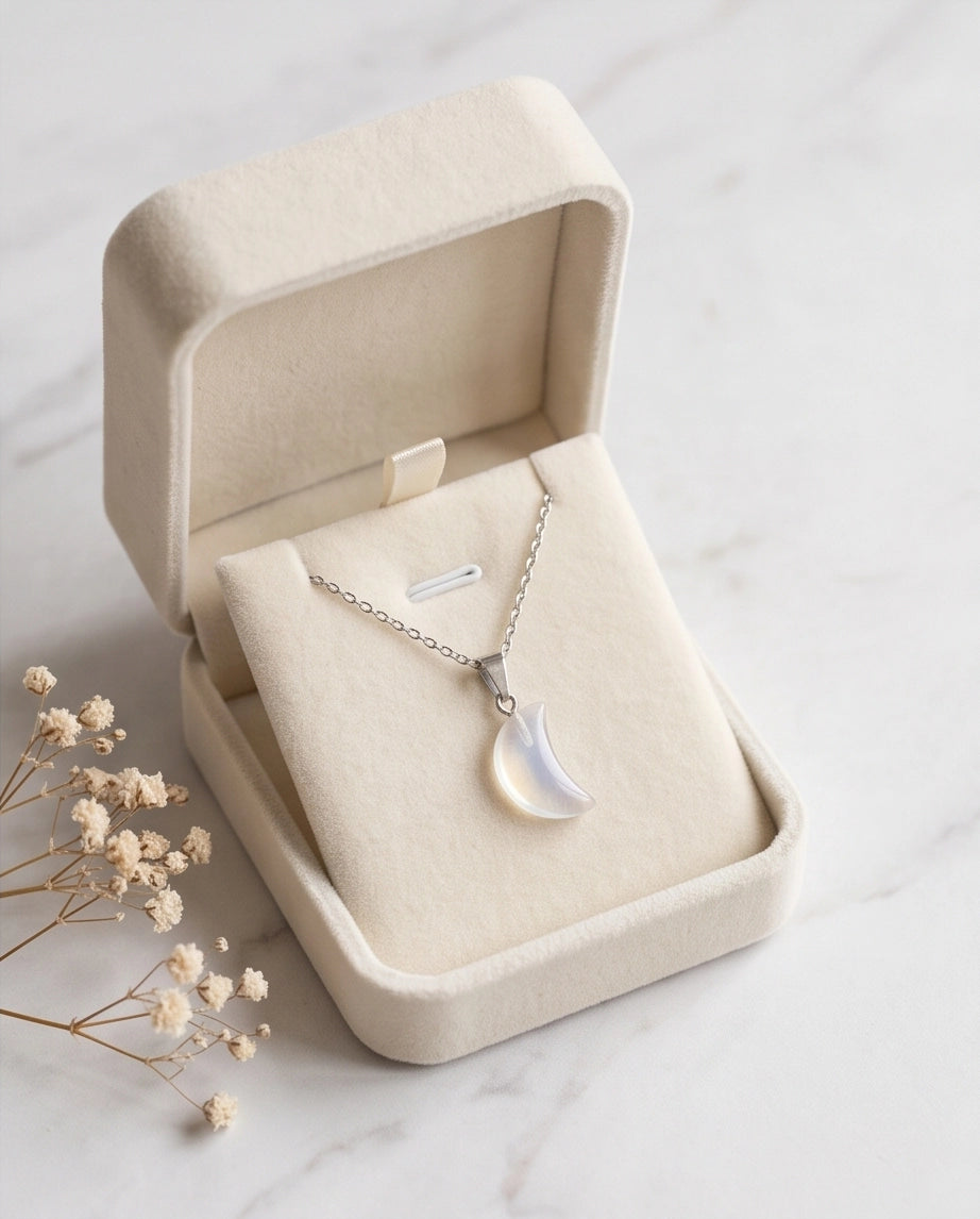 Silver Opalite Crescent Moon Pendant Necklace