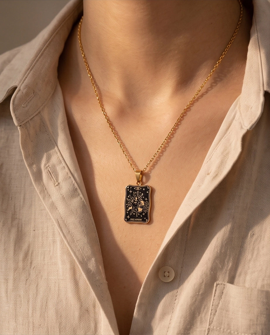 Gold Celestial Sun & Moon Tarot Card Pendant Necklace