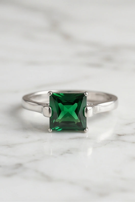 Sterling Silver Princess-Cut Deep Green Emerald Solitaire Ring