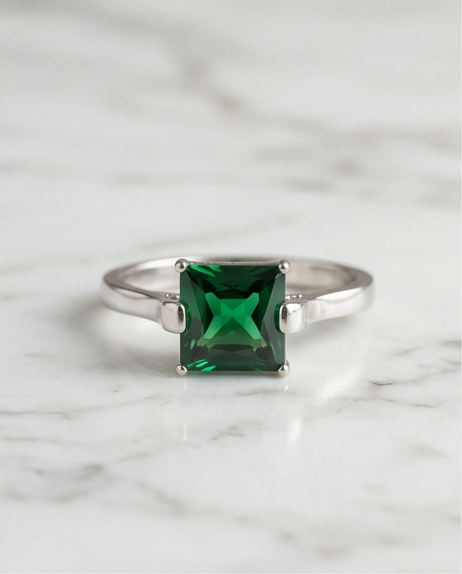 Sterling Silver Princess-Cut Deep Green Emerald Solitaire Ring