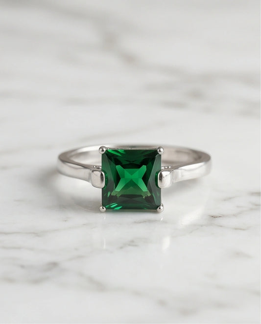 Sterling Silver Princess-Cut Deep Green Emerald Solitaire Ring