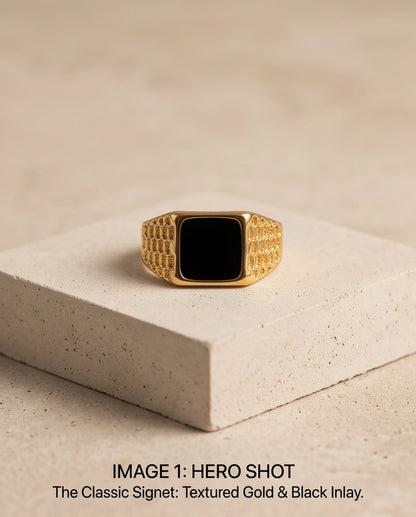 Onyx-Style Square Inlay Brick-Link Band Gold Ring
