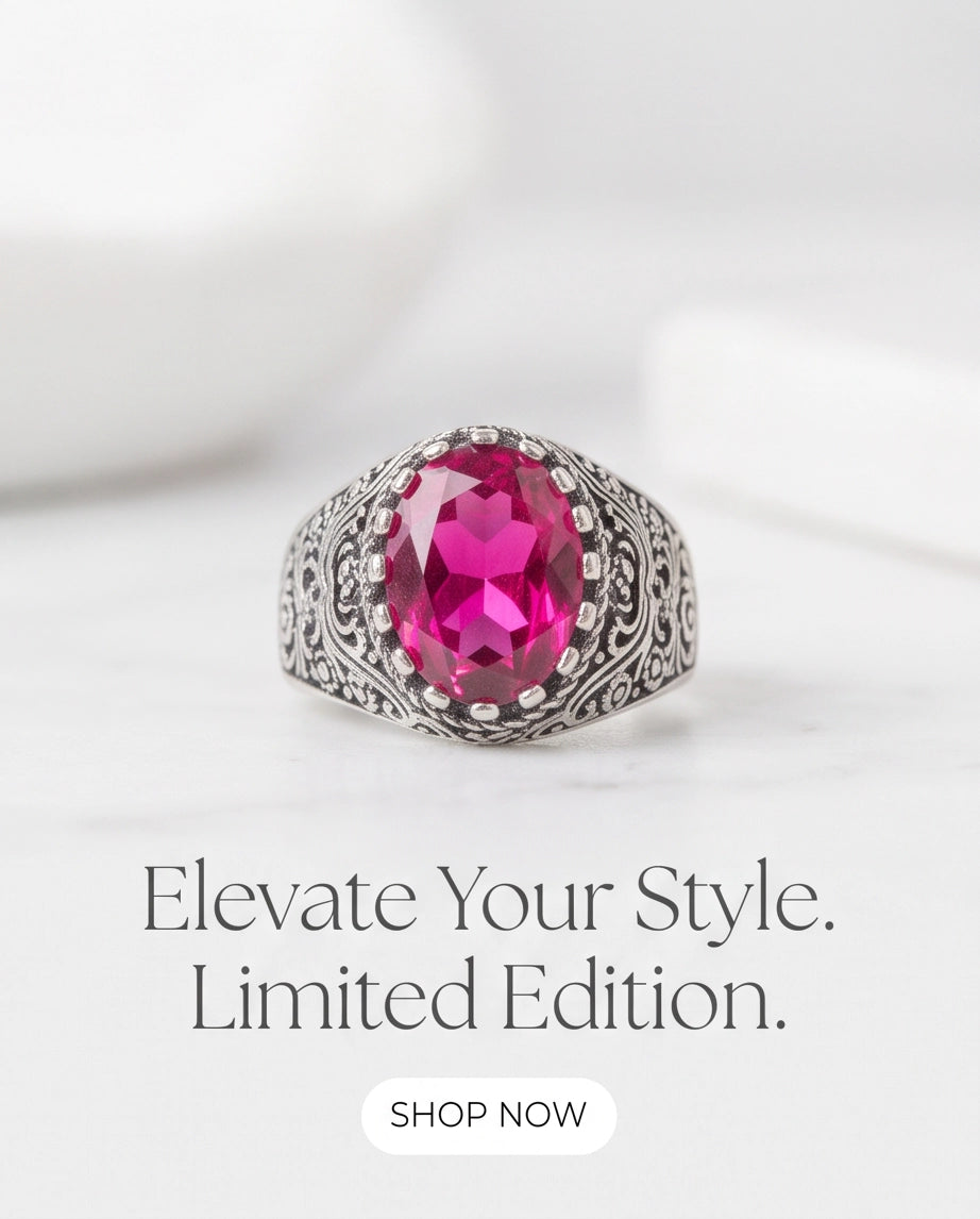 Magenta Oval-Cut Gemstone Ornate Filigree Silver Ring