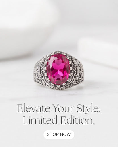 Magenta Oval-Cut Gemstone Ornate Filigree Silver Ring