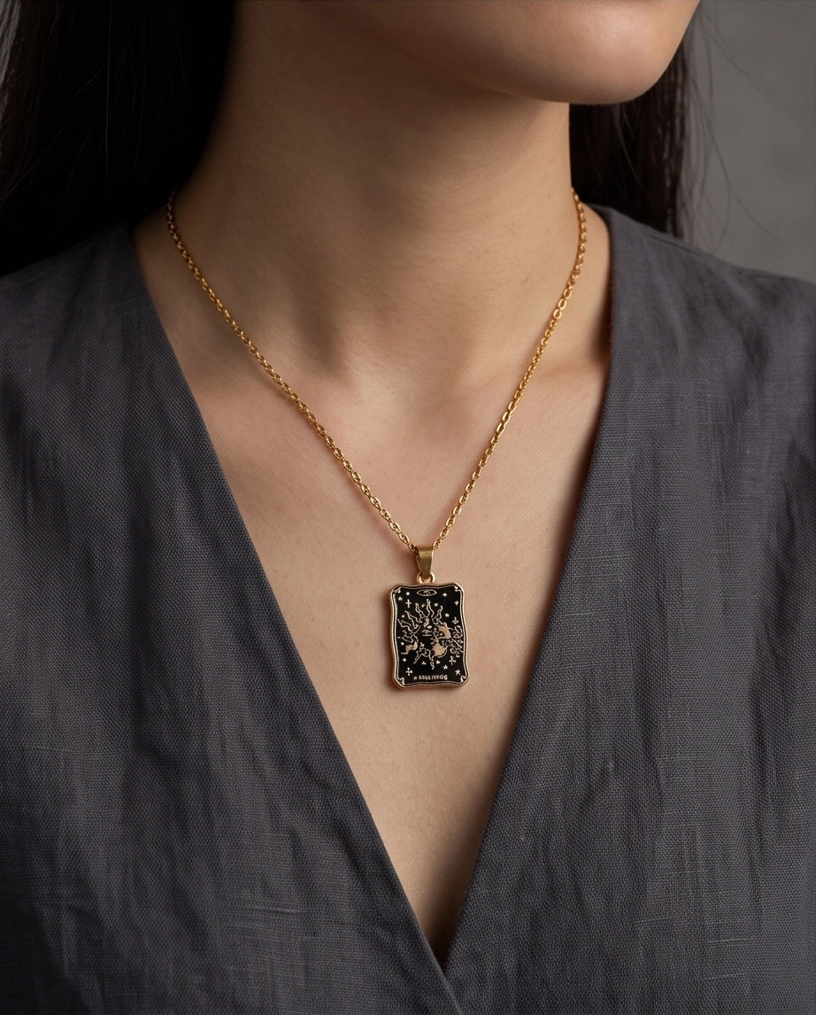 Gold Celestial Sun & Moon Tarot Card Pendant Necklace